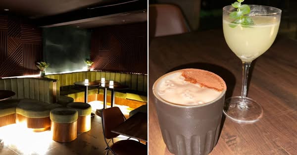 The Grasshopper Bar interior with dim lighting, plush green booths, and signature cocktails
